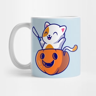 Cute Cat Holding Knife In Pumpkin Helloween Cartoon Mug